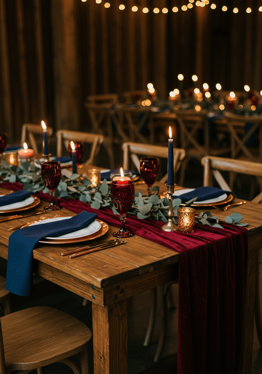 Rustic barn wedding reception featuring burgundy velvet runners and navy blue napkins with copper accents