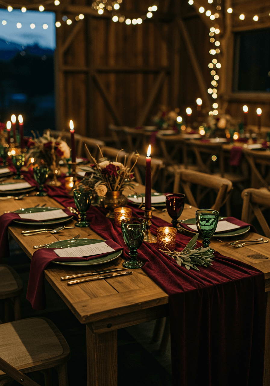Wide view of rustic barn reception with cream linens and espresso wooden charger plates