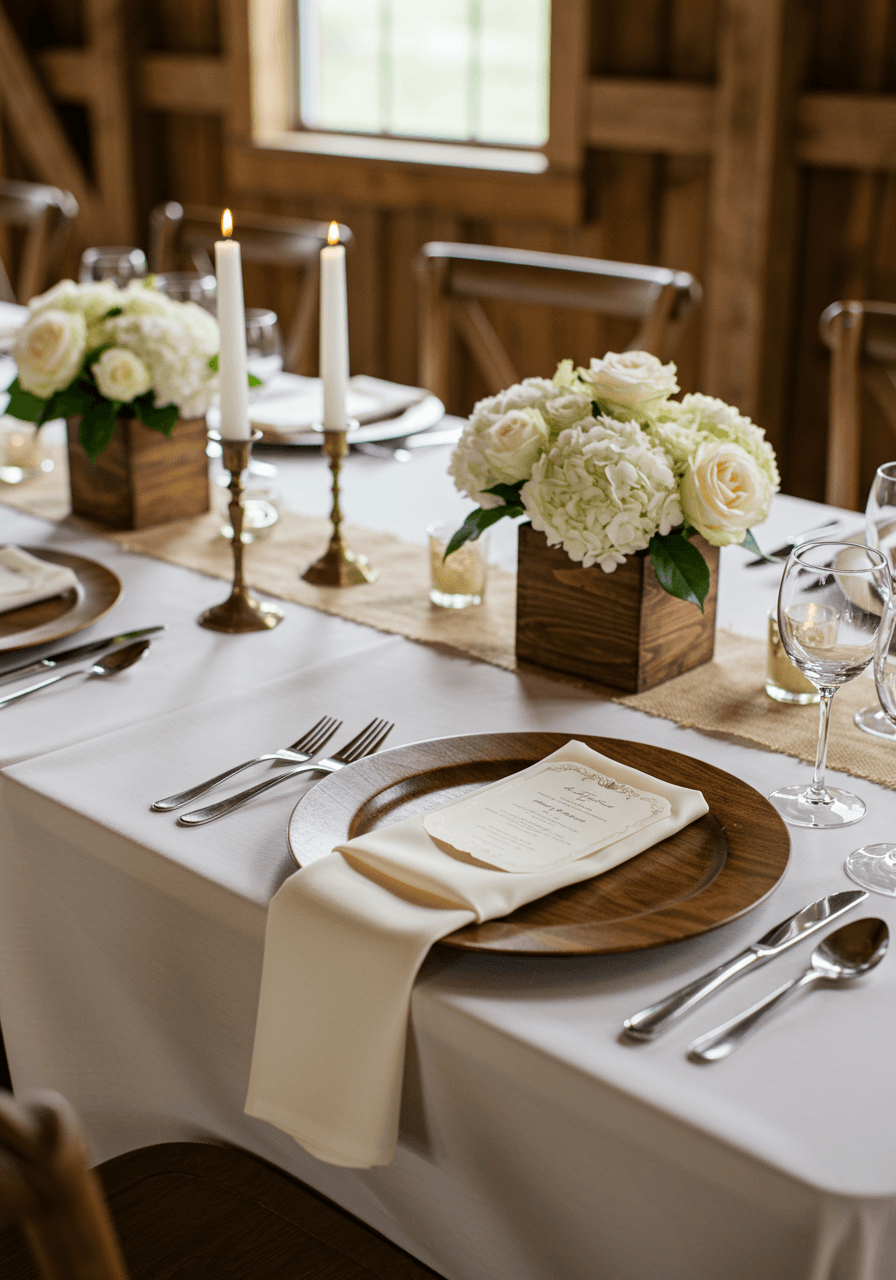 Close-up detail of cream wedding place setting with espresso wooden chairs and brass accents