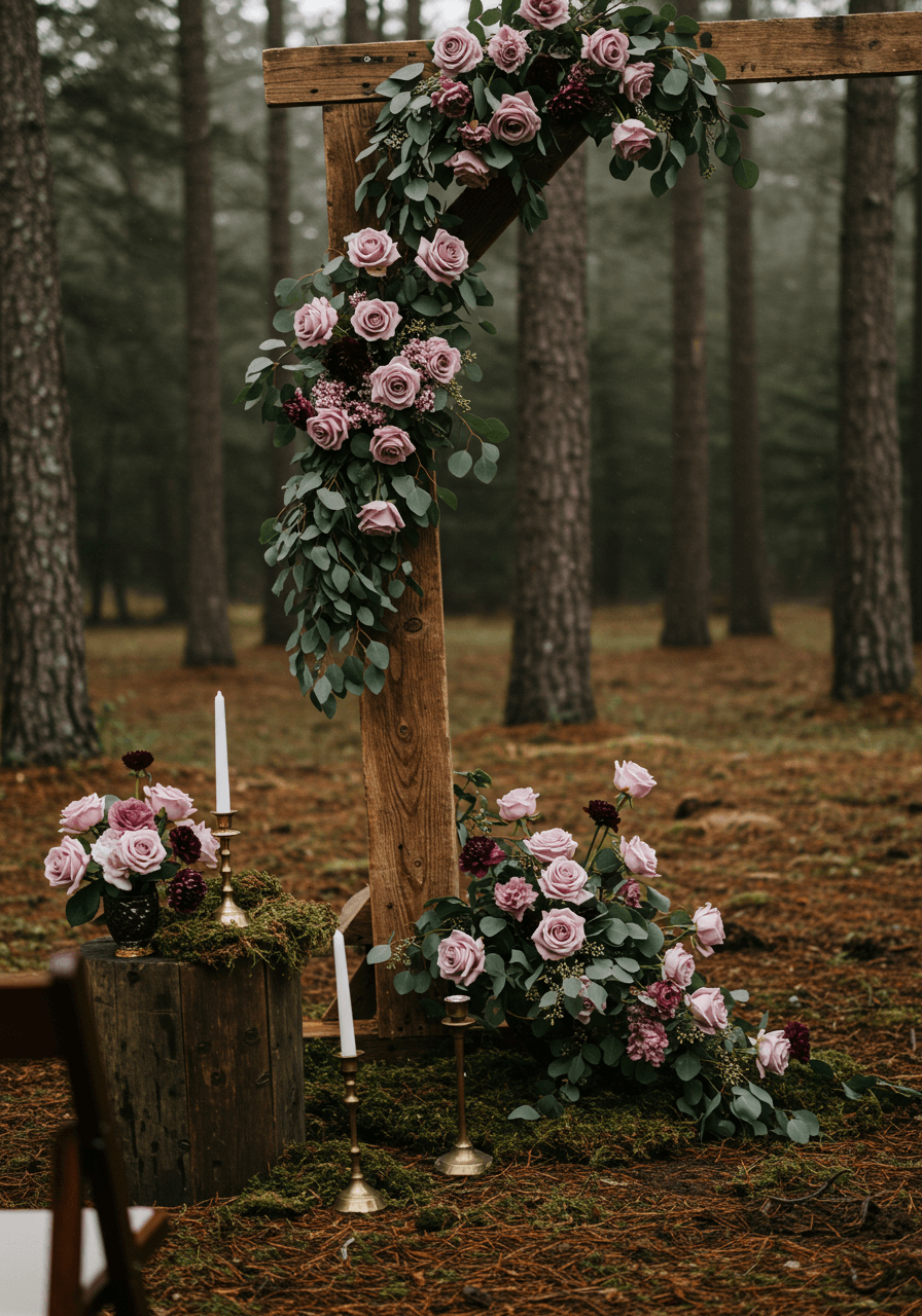 Close-up detail of wedding altar decorations with mauve roses and brass candlesticks