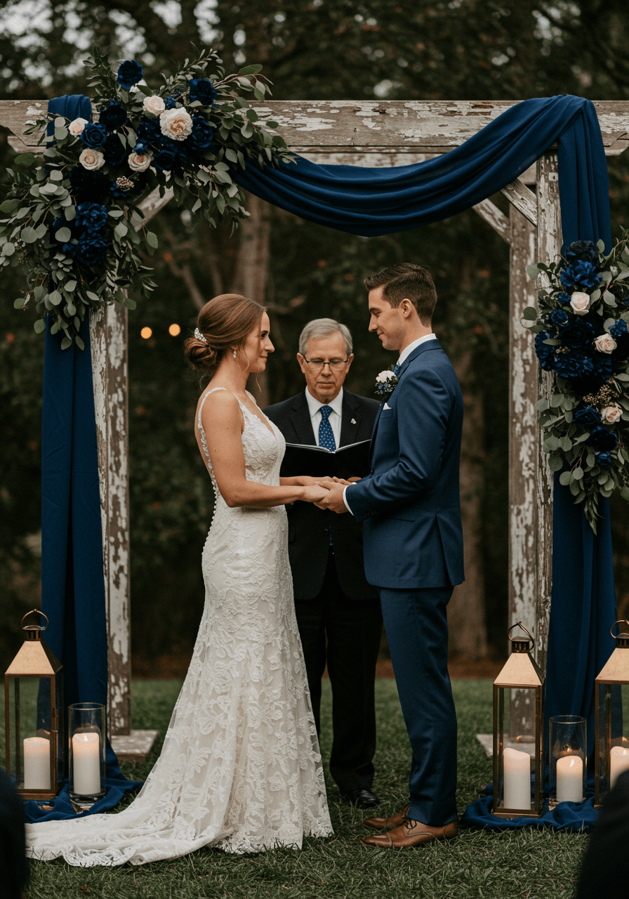 Intimate wedding ceremony moment with couple at rustic wooden altar surrounded by gold lanterns and midnight blue florals