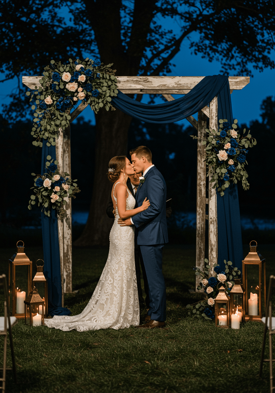 Romantic outdoor wedding altar with midnight blue velvet ribbons and gold candelabras at twilight