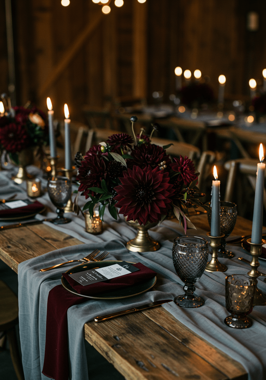 Rustic wedding reception with smoky grey linens and deep wine burgundy floral centrepieces