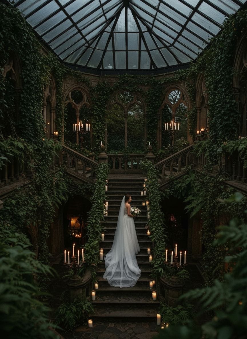 Graceful bridal pause on gothic staircase creating cinematic wedding moment