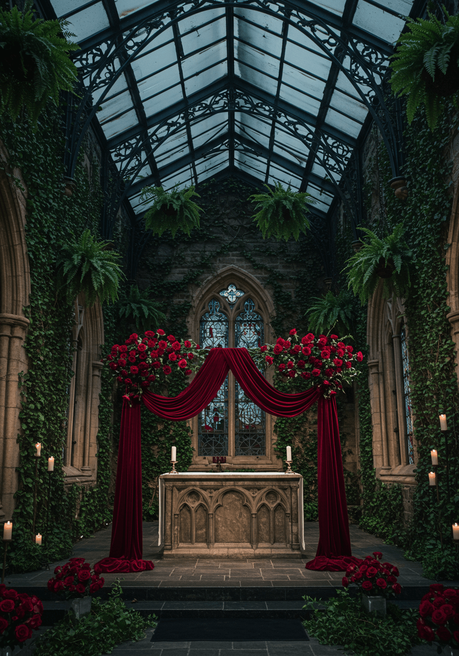 Gothic cathedral altar adorned with ruby velvet draping under twilight sky through glass ceiling
