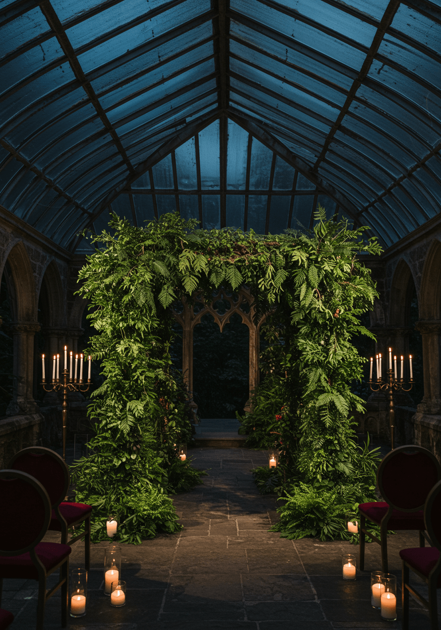 Wedding ceremony beneath natural stone archway surrounded by lush tropical plants