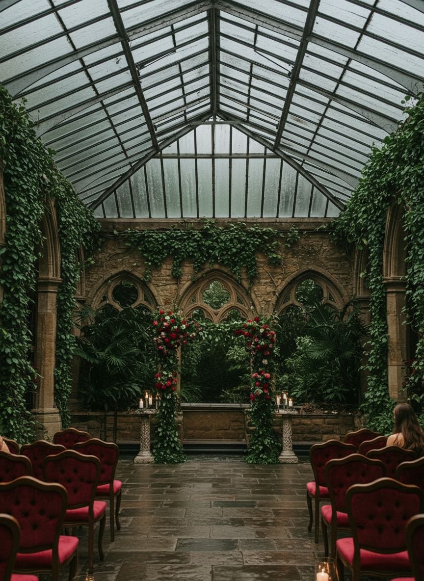 Dramatic wedding ceremony vows exchanged beneath gothic stone archway with storm clouds overhead