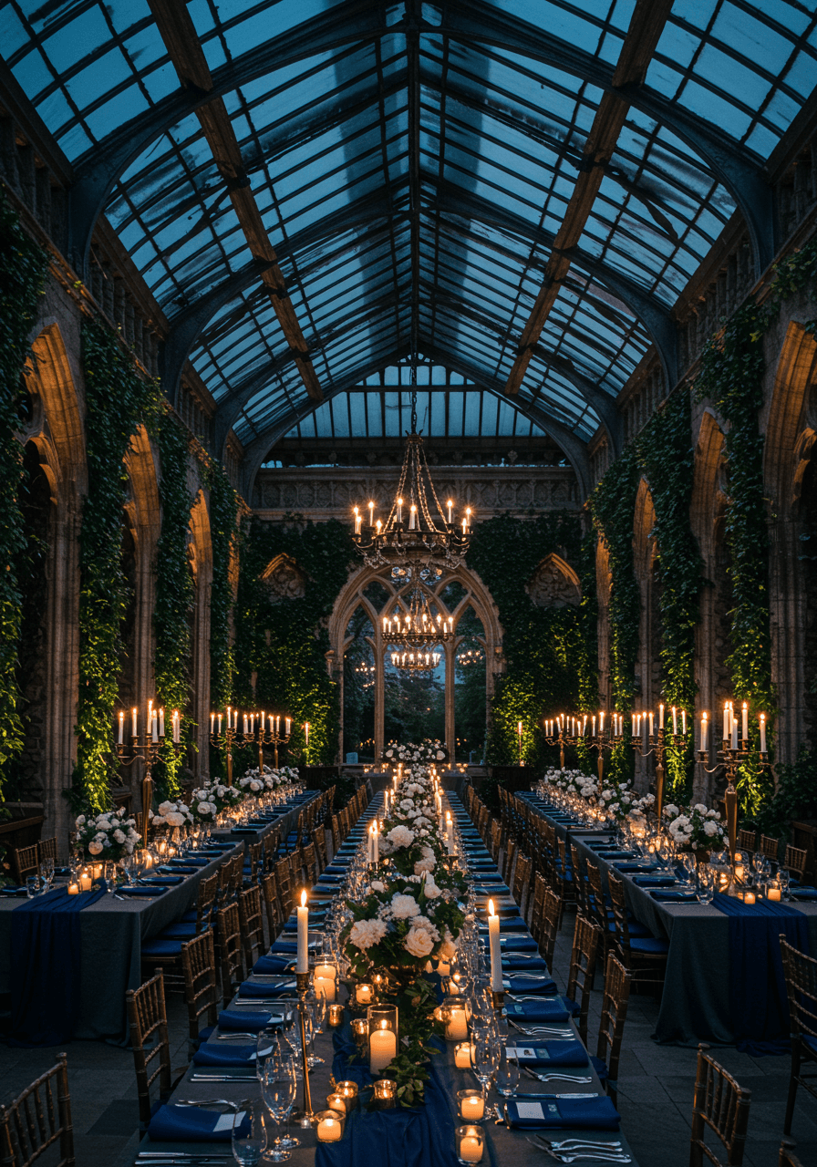 Grand gothic conservatory reception hall with towering stone arches and elaborate table settings