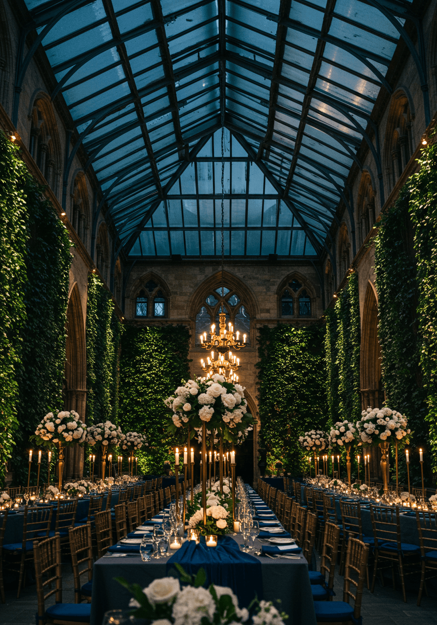 Upward view of towering gothic ceiling with intricate stonework and glass panels