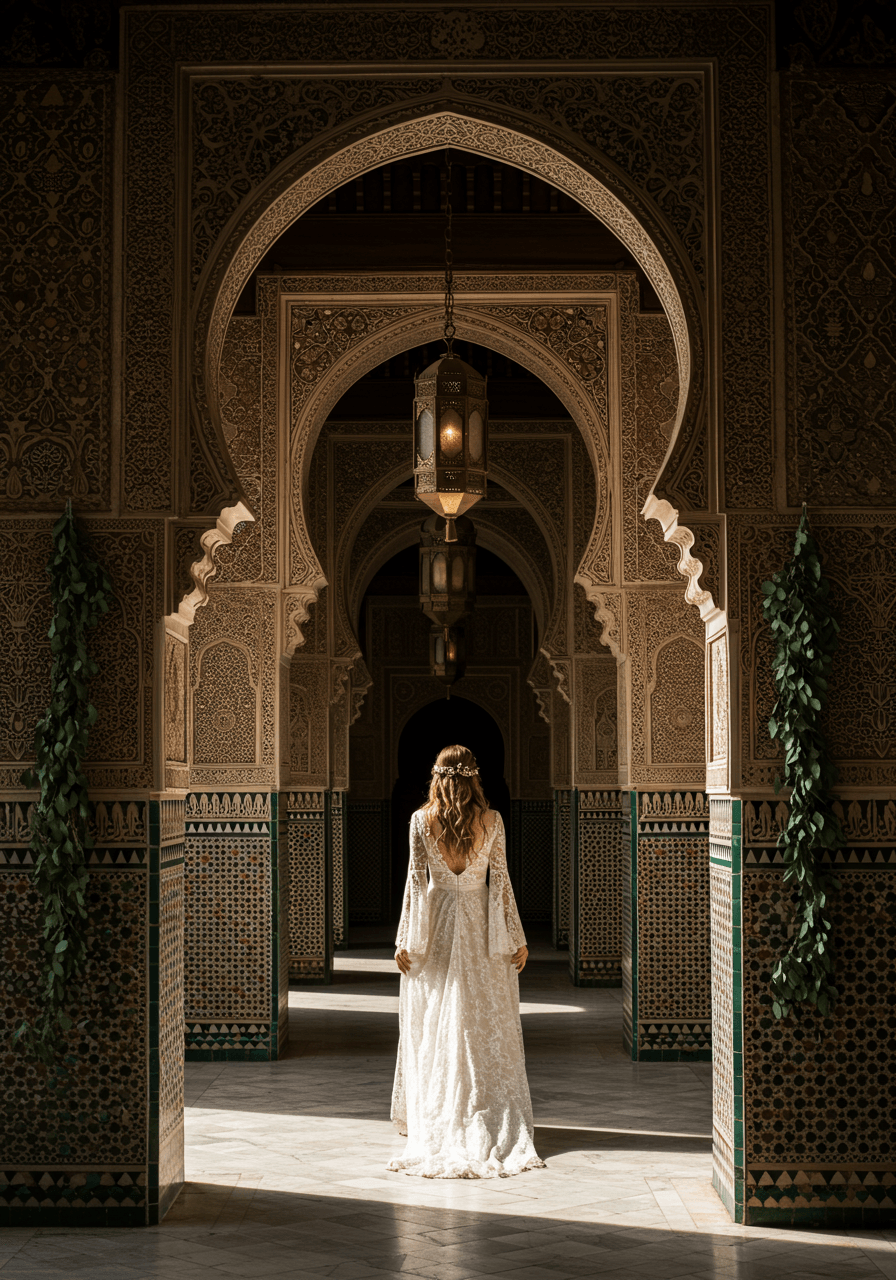 Bride in bohemian lace dress with bell sleeves walking through series of carved Moroccan archways