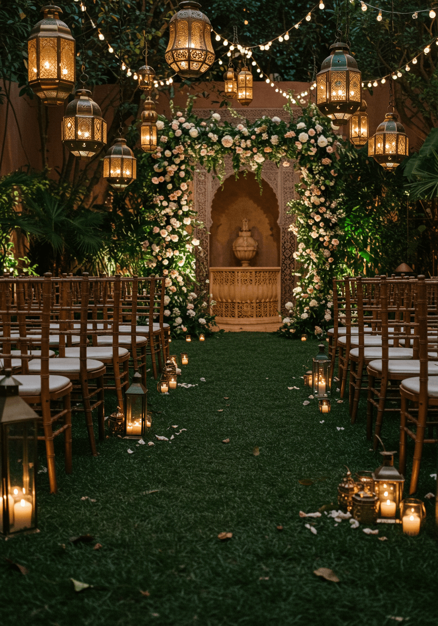 Wedding altar with lush floral arrangement illuminated by warm lantern light