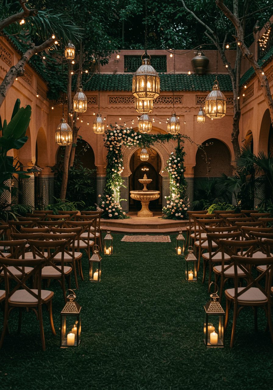 Evening ceremony in riad garden with vintage chairs, cascading florals and suspended Moroccan lanterns