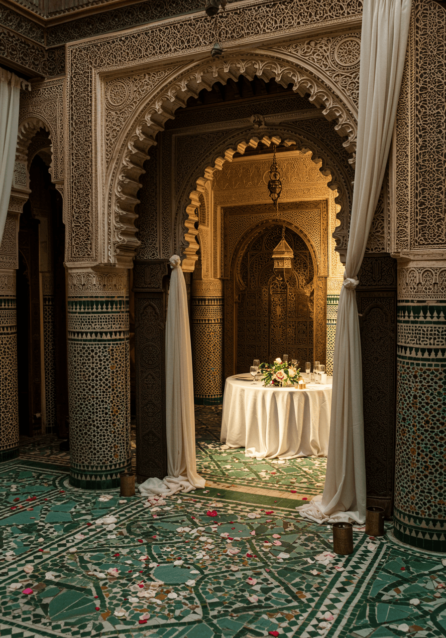 Restored Moroccan riad courtyard with emerald and gold mosaic patterns and polished marble surfaces