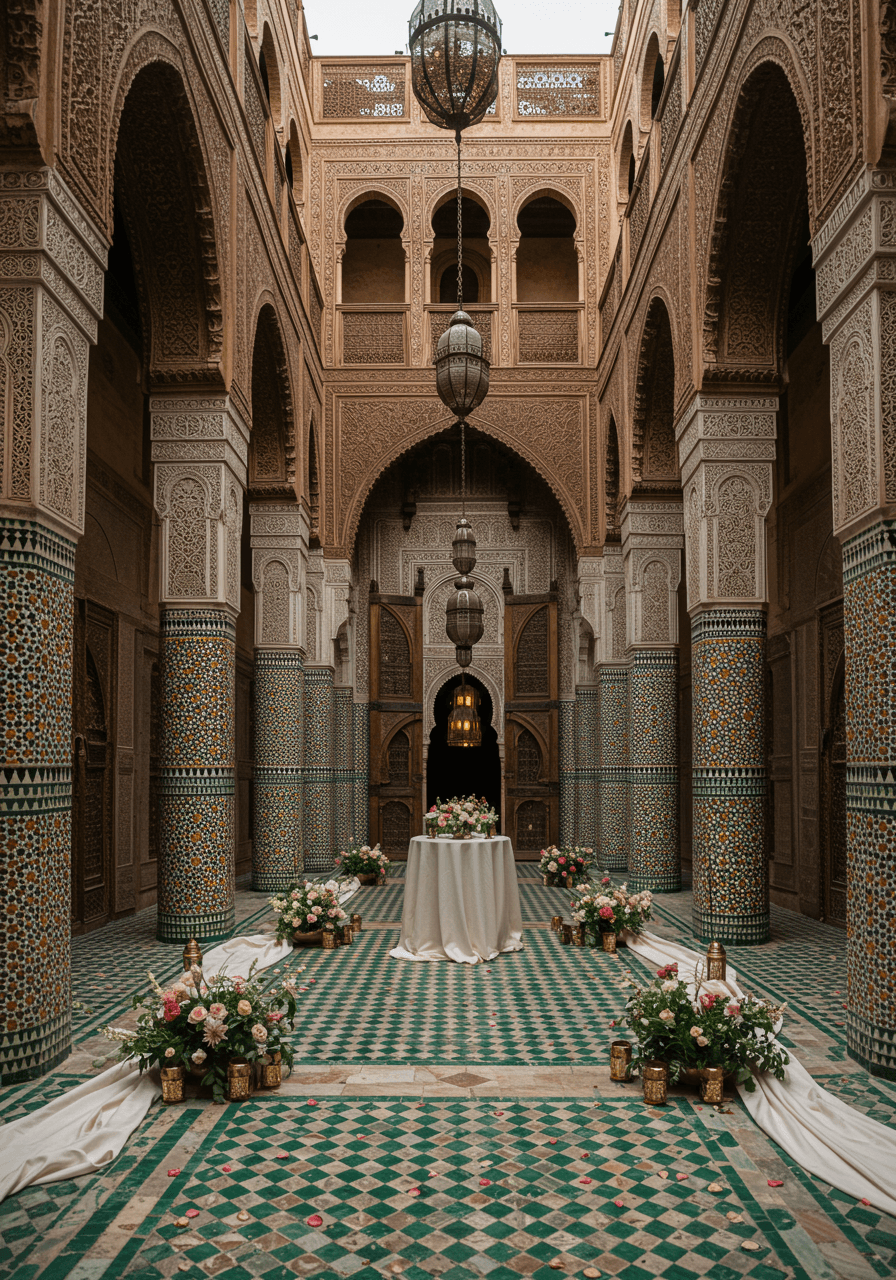 Low angle of opulent riad wedding venue showing horseshoe arches and carved cedar wood details