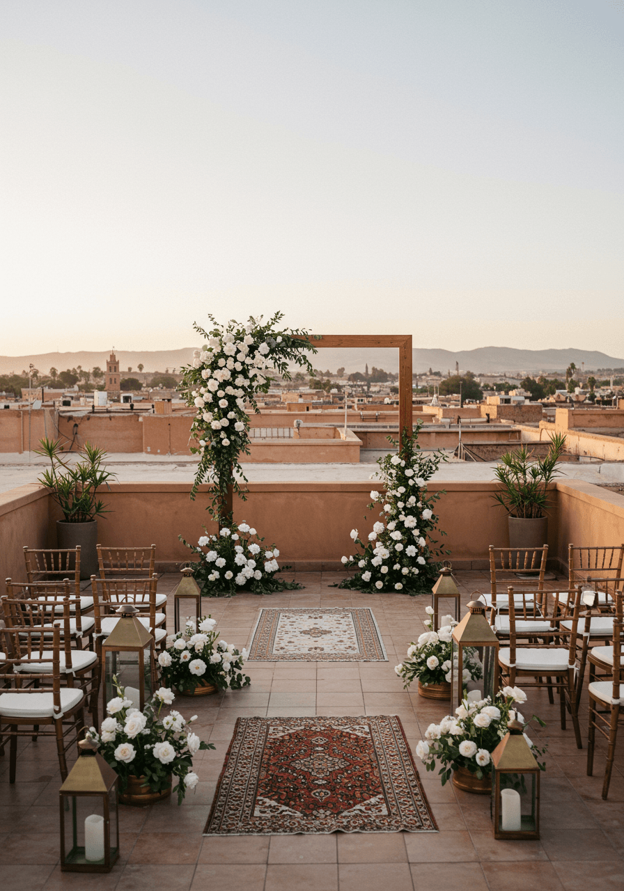 Panoramic rooftop ceremony overlooking Marrakech medina with red clay buildings and Atlas Mountains