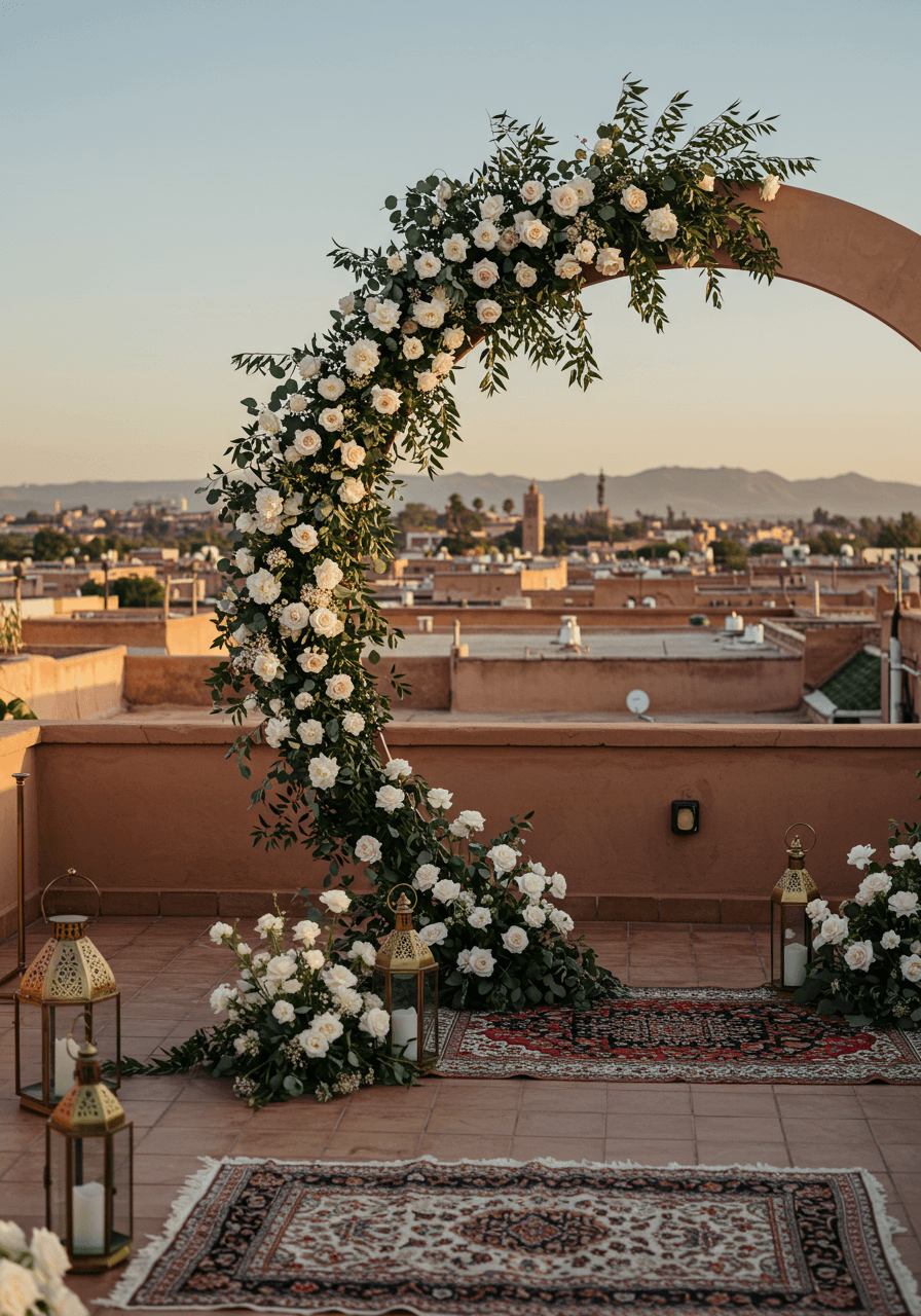 Ceremony arch decorated with white roses and eucalyptus on Marrakech riad rooftop