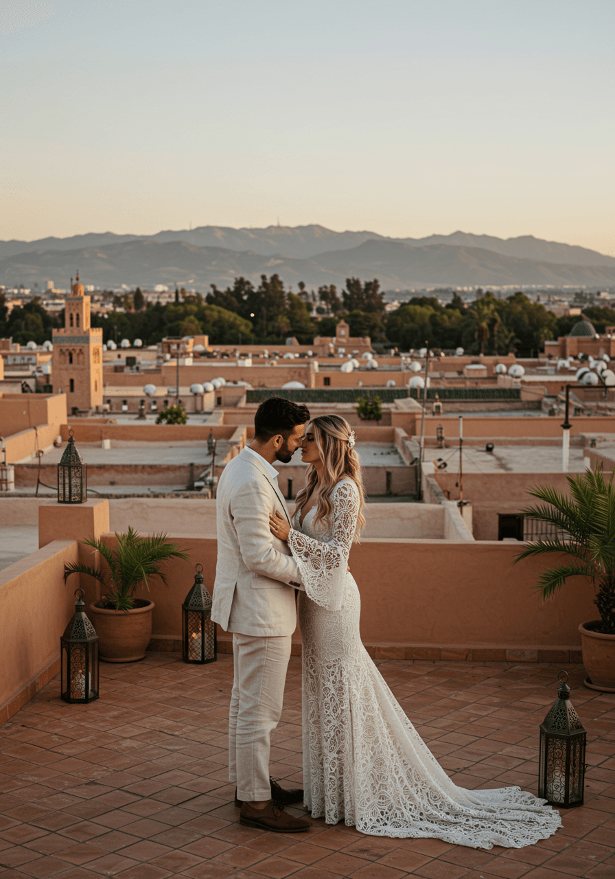 Bride and groom on rooftop terrace overlooking Marrakech cityscape and Atlas Mountains at golden hour