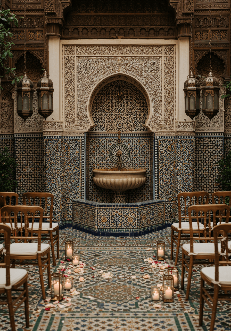 Weathered wooden chairs arranged around ornate blue and white Moroccan fountain for intimate ceremony