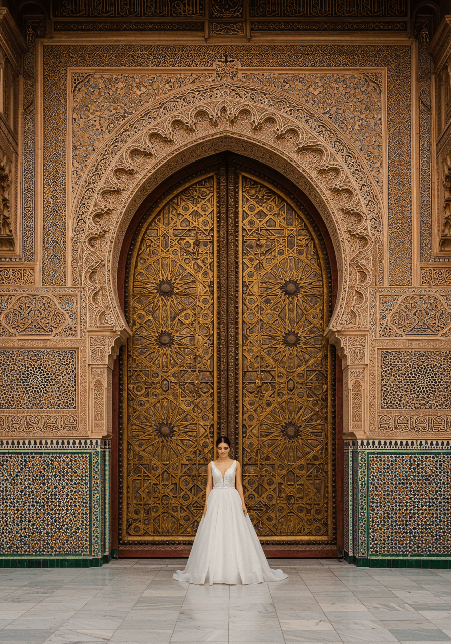 Bride in ivory A-line gown before towering Moroccan palace doors with burgundy paint and brass geometric inlays