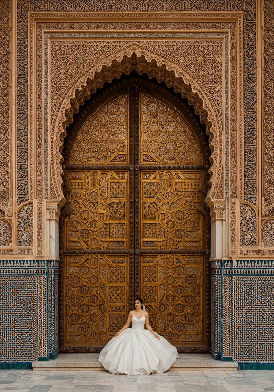 Bride seated on marble threshold of ornate Moroccan palace entrance with carved stone archway
