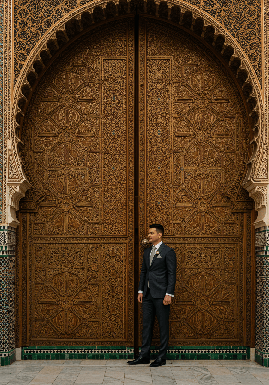 Groom in charcoal grey suit beside carved cedar doors with brass geometric inlays at golden hour