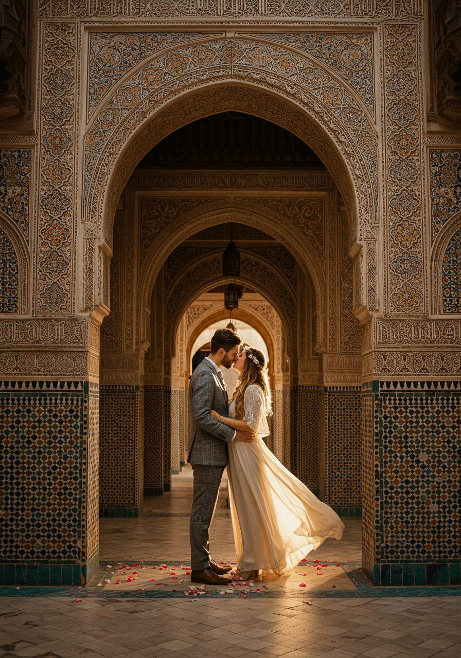 Intimate portrait of wedding couple under carved Moroccan arches with flowing bohemian attire