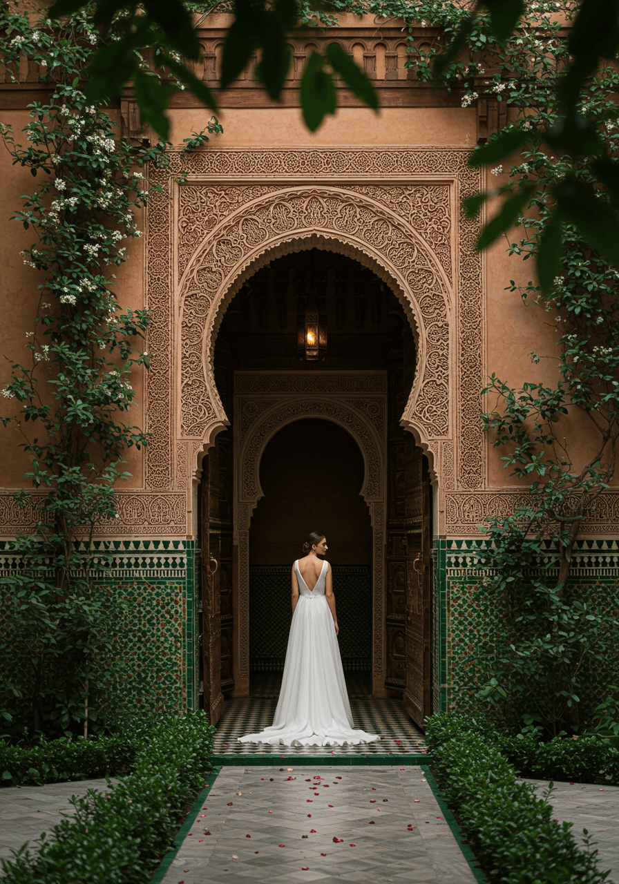 Bride in white gown beneath carved horseshoe archway in secluded Moroccan riad courtyard with jasmine vines
