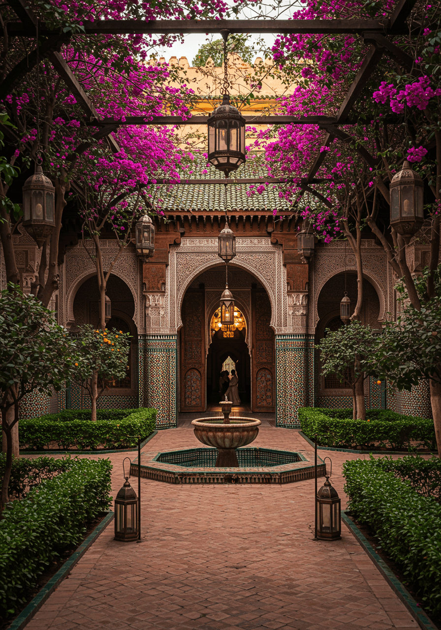 Moroccan riad garden with horseshoe arches, bougainvillea pergolas and central fountain at golden hour