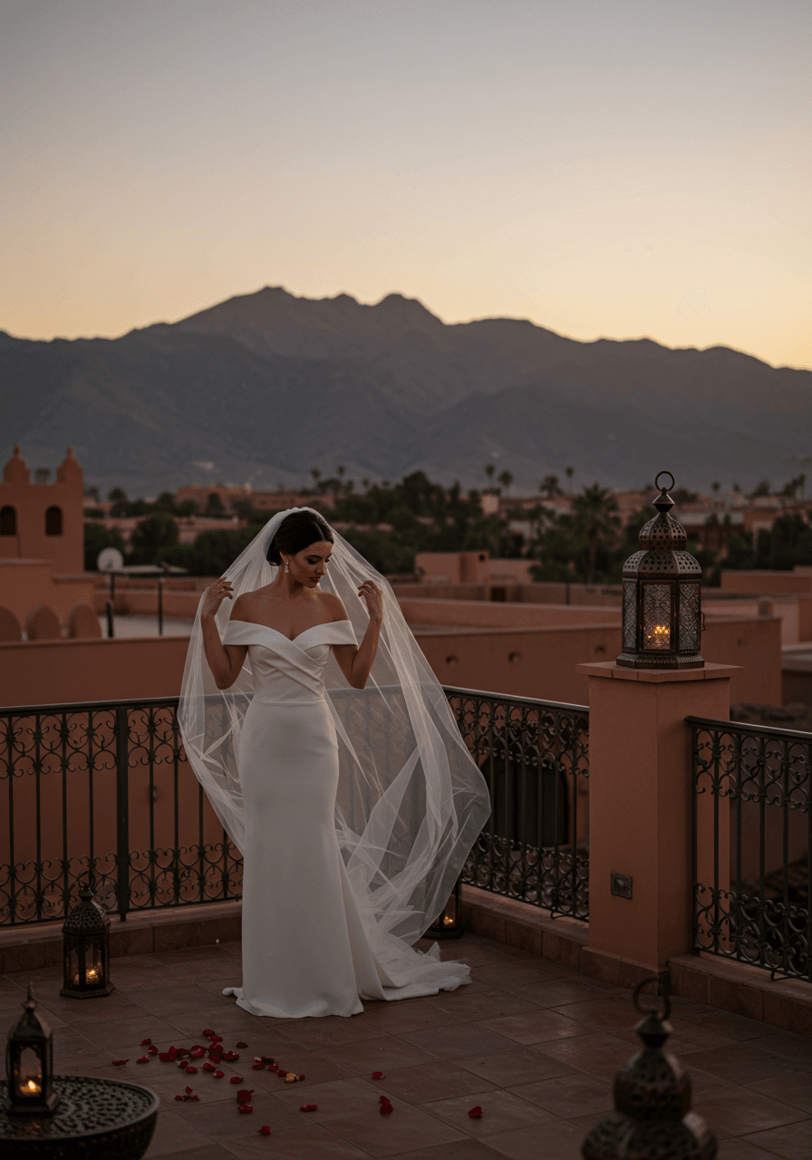 Bride adjusting veil on Moroccan rooftop terrace at sunset with mountain backdrop