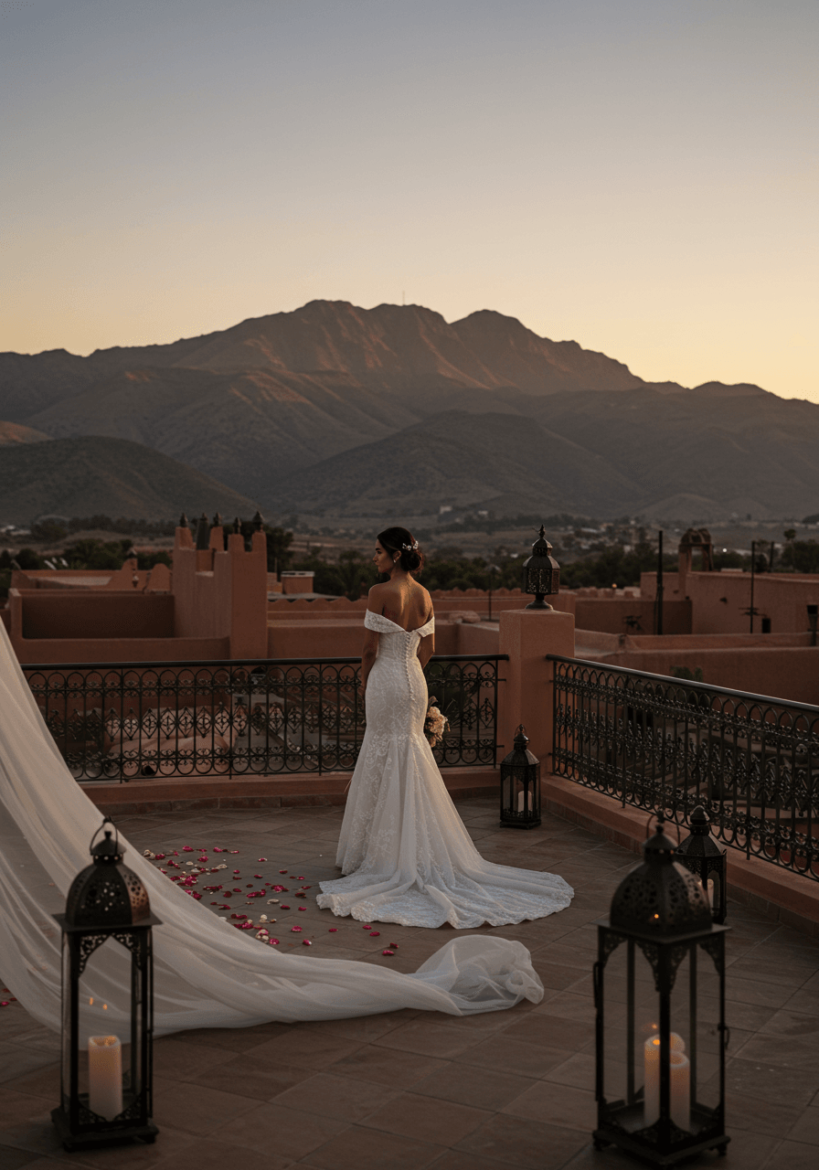 Bride in off-shoulder lace gown on luxury riad rooftop with Atlas Mountains at golden hour