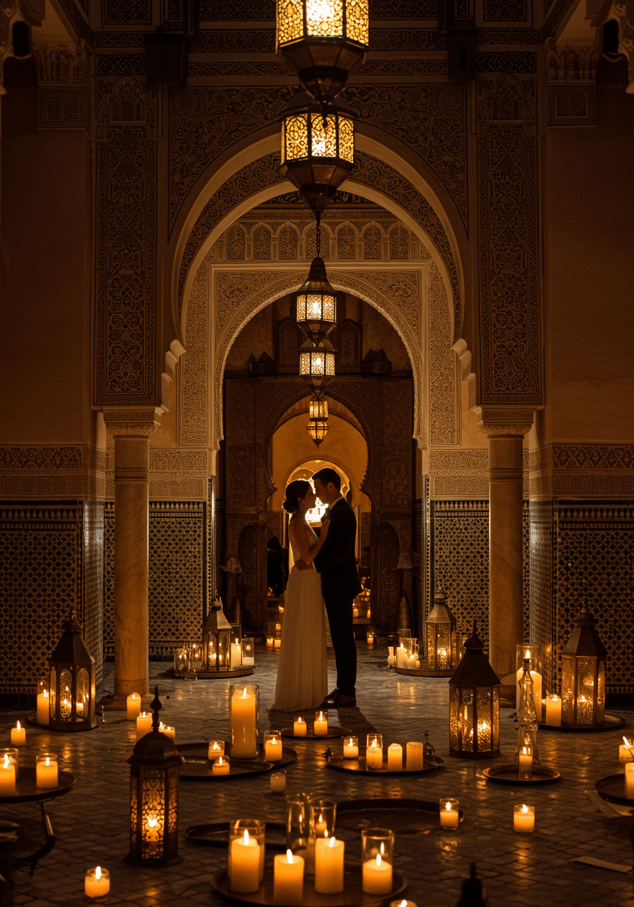 Couple in intimate moment beneath illuminated Moroccan arches surrounded by glowing candles at twilight