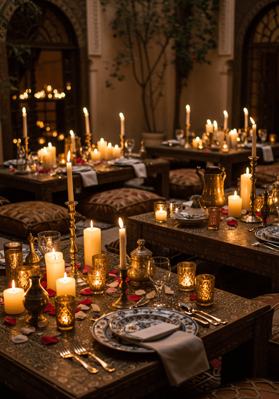 Moroccan reception with low tables, plush floor cushions and pillar candles in candlelit riad courtyard