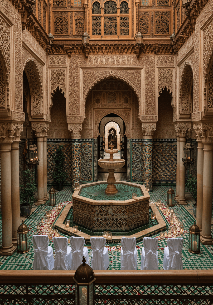 Elevated view of opulent Moroccan riad with multi-tiered fountain, carved columns and horseshoe arches