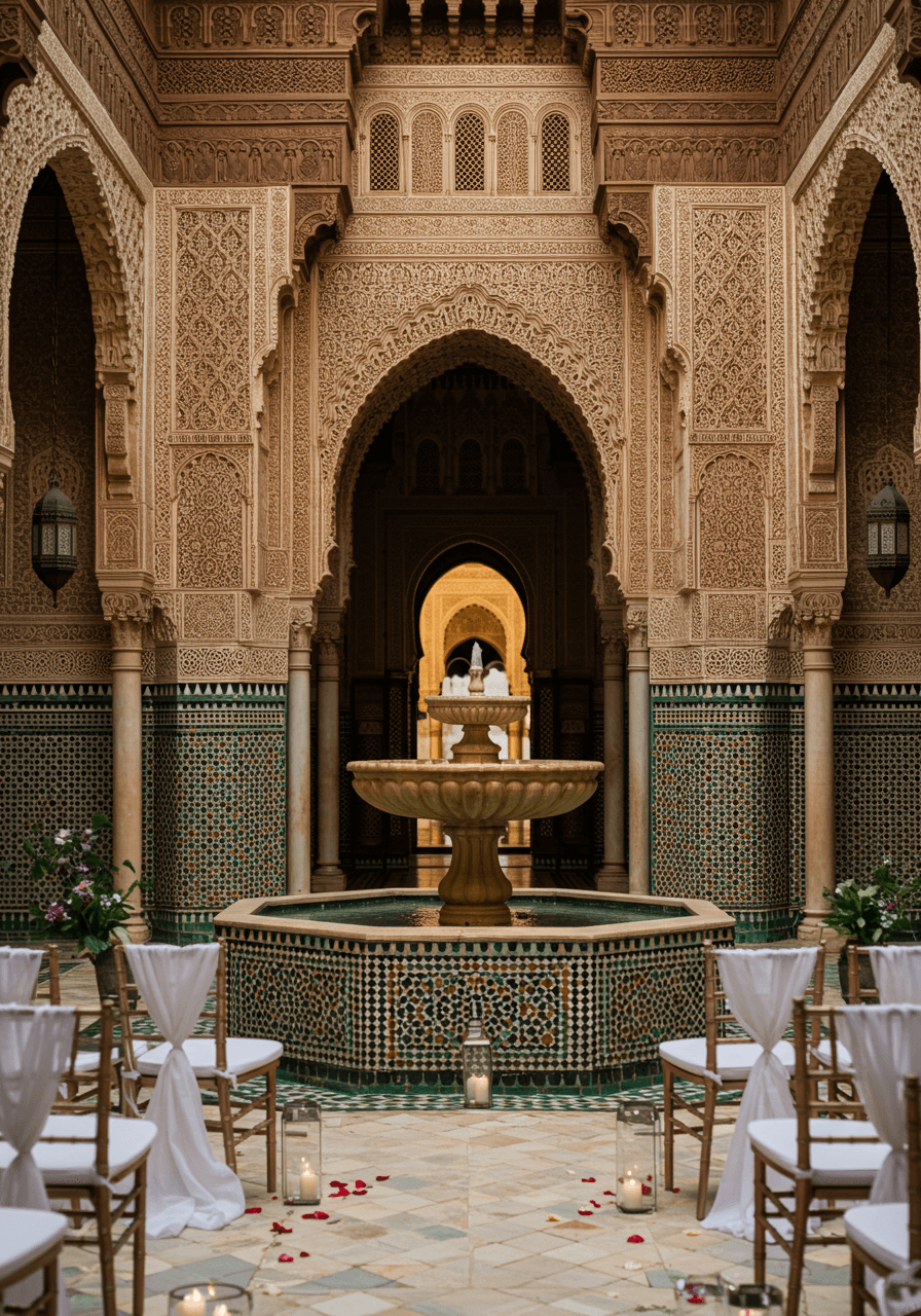 Low angle of grand Moroccan fountain surrounded by horseshoe arches and turquoise geometric tilework