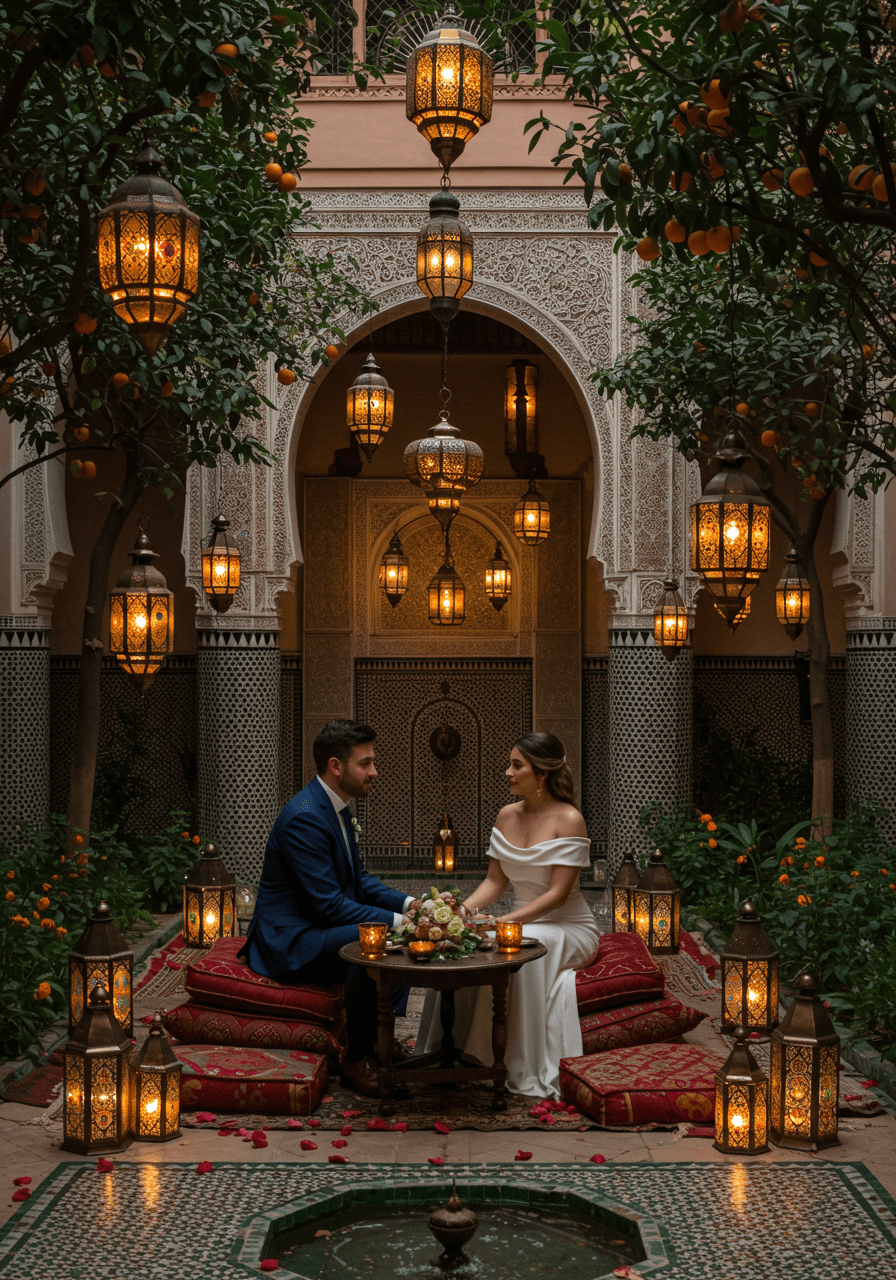 Couple at low Moroccan table in private riad garden surrounded by hundreds of suspended glowing lanterns
