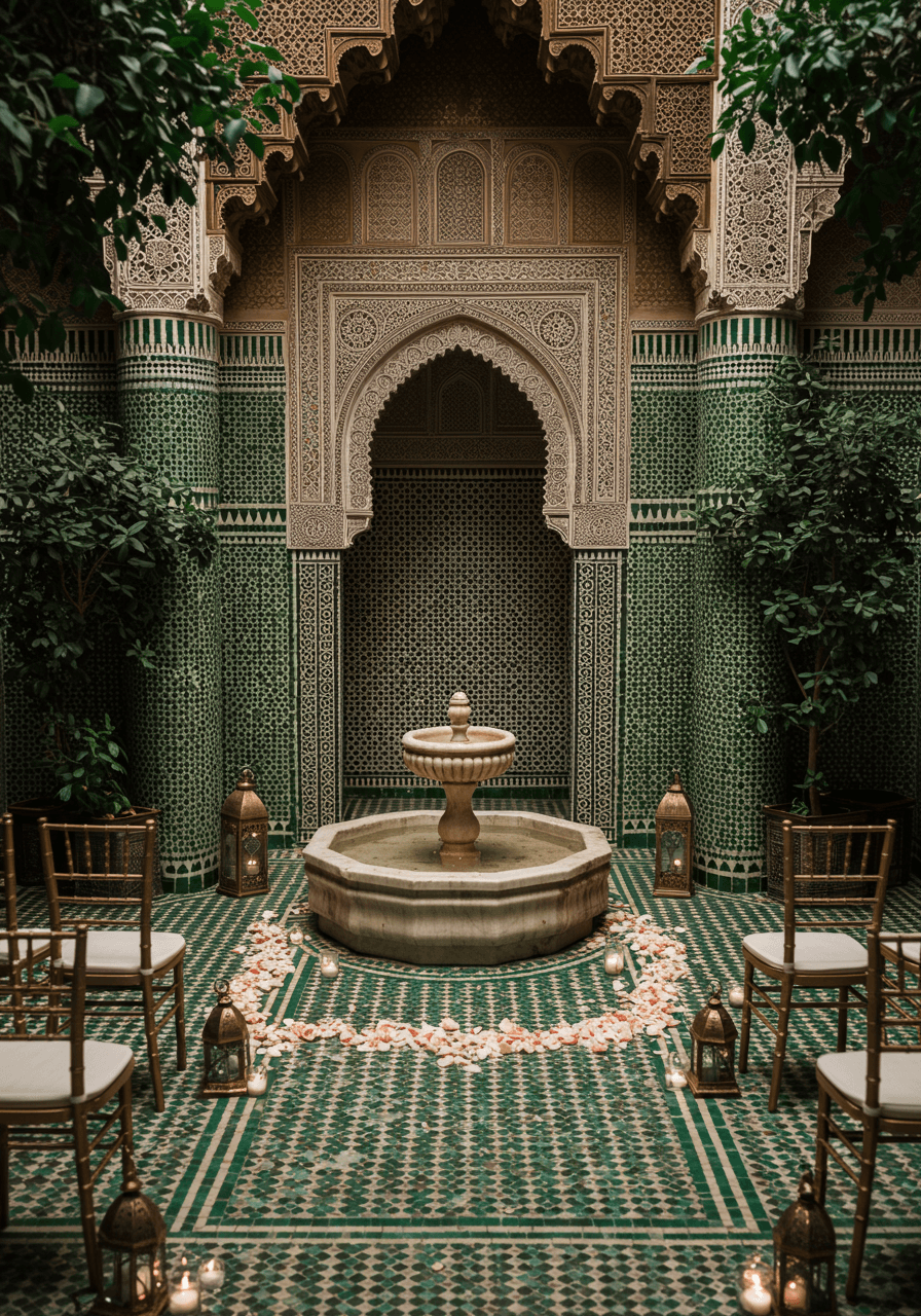 Overhead view of intimate riad courtyard ceremony with hand-painted ceramic tiles and marble fountain
