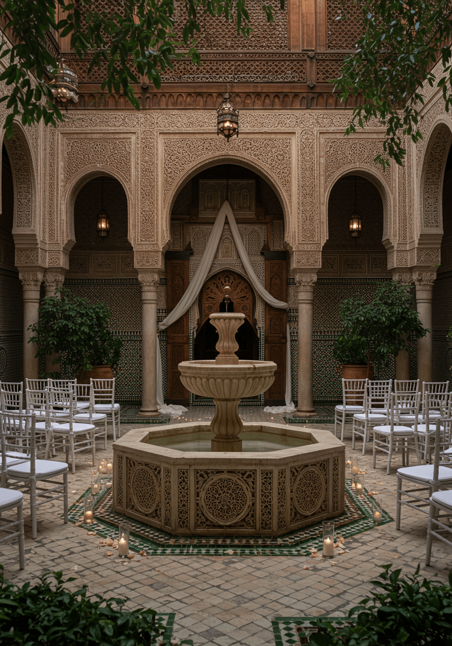 Detail of carved marble fountain and hand-painted ceramic tiles in empty riad wedding venue