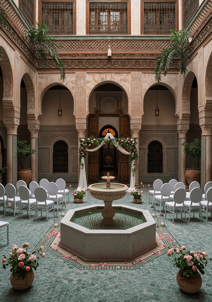 Empty traditional Moroccan riad courtyard with central marble fountain and horseshoe arch colonnades