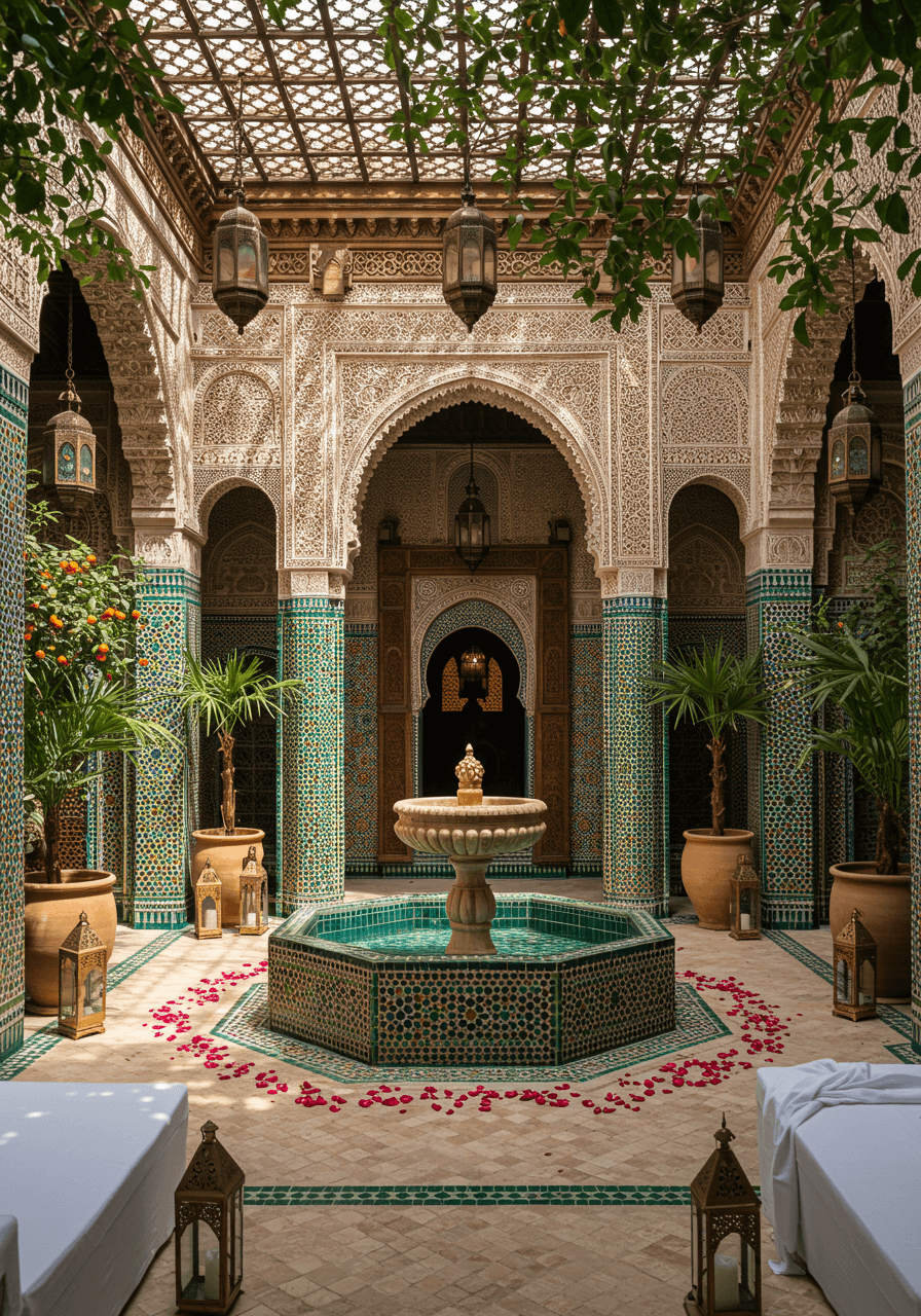 Moroccan riad courtyard with elaborate blue and green zellige tile fountain and arched colonnade