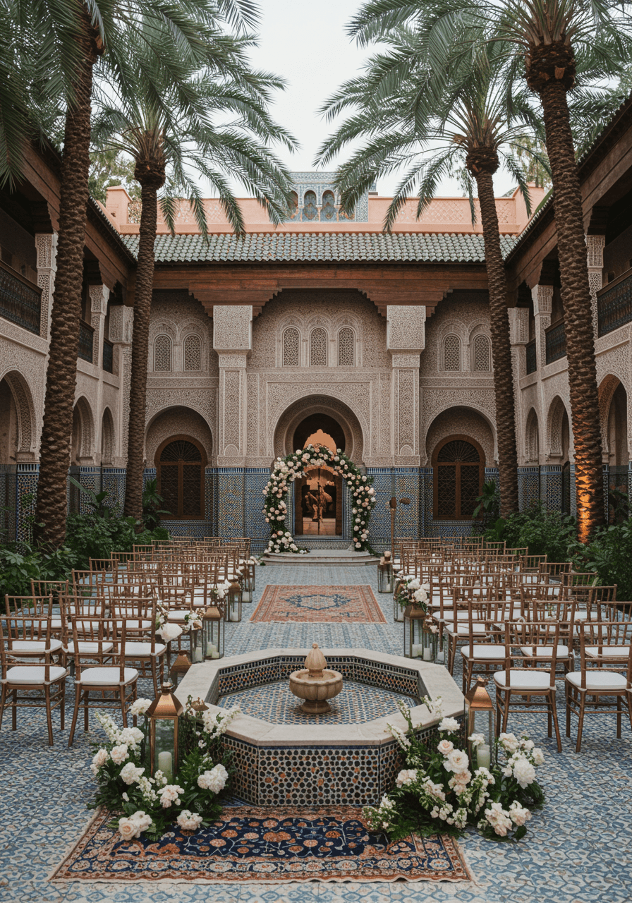 Opulent riad ceremony with towering palms, Moroccan textiles and geometric tile patterns