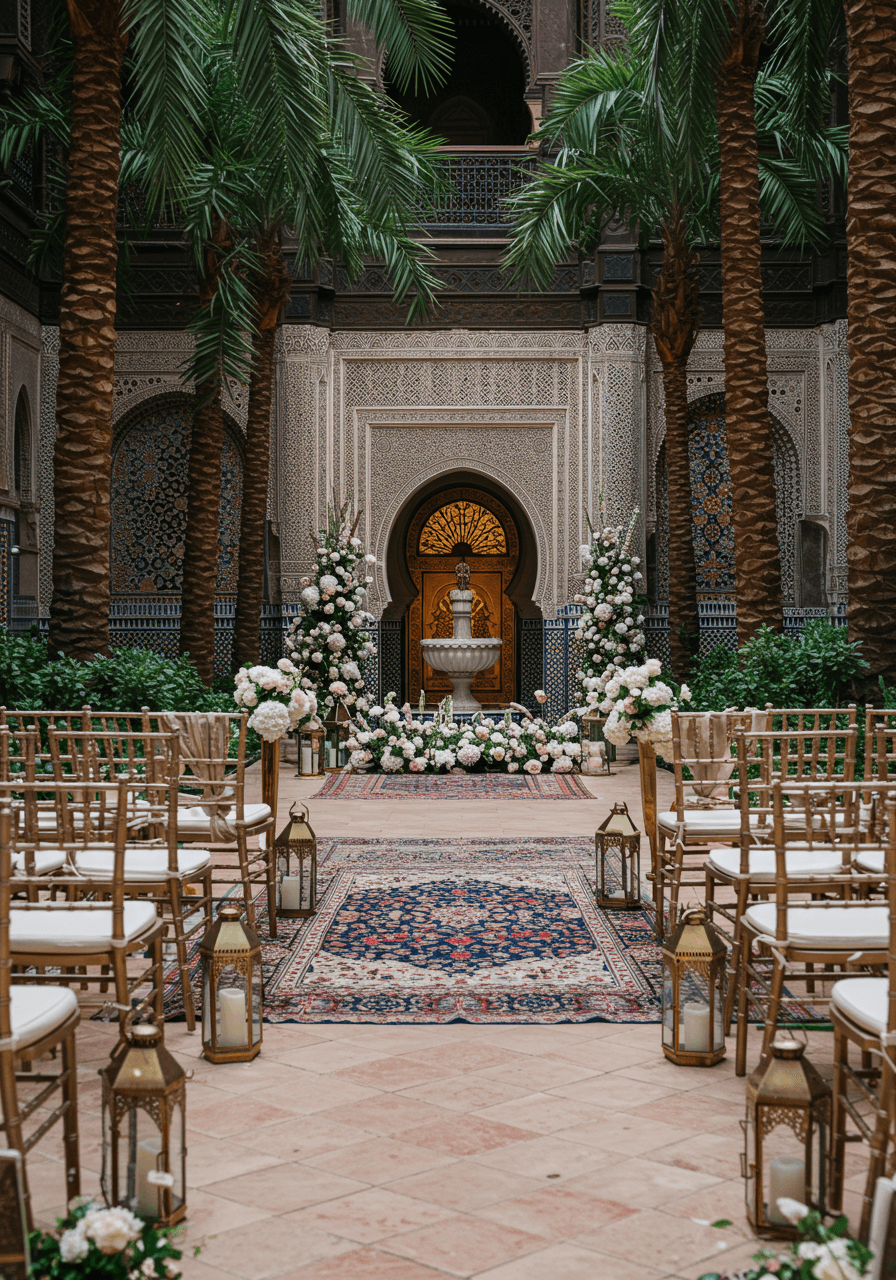 Wedding altar adorned with traditional Moroccan textiles in jewel tones with brass lanterns