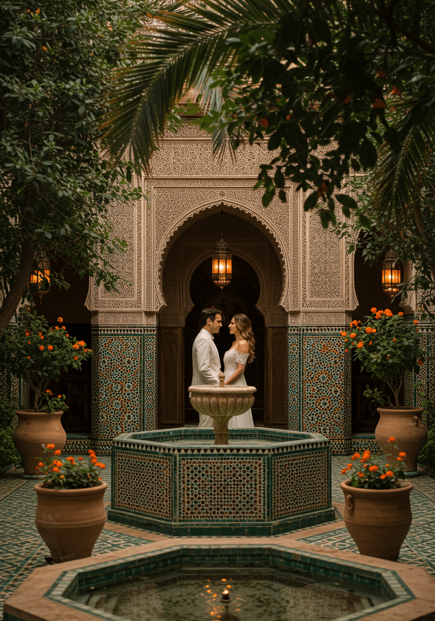 Couple walking through Moroccan riad garden with intricate mosaic fountains and blue zellige tiles