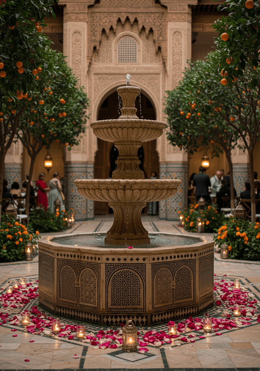 Spectacular multi-tiered marble fountain surrounded by orange trees and rose petals in palatial riad