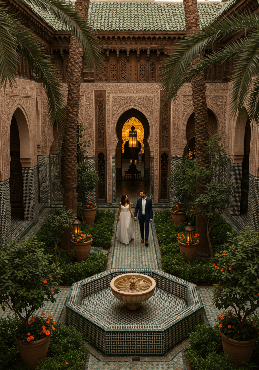 Overhead view of couple in traditional riad garden courtyard with carved stone archways and citrus trees