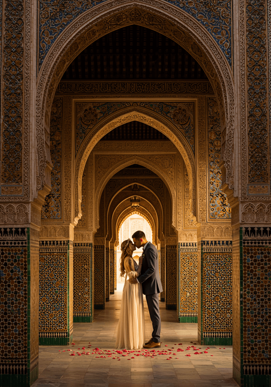 Bohemian couple embracing under ornate Moroccan horseshoe archways in sunlit riad courtyard