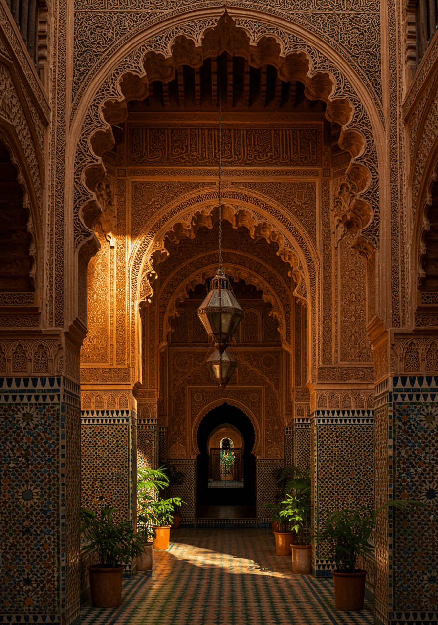 Low angle of towering terracotta Moorish horseshoe arches with intricate blue and white zellige tilework