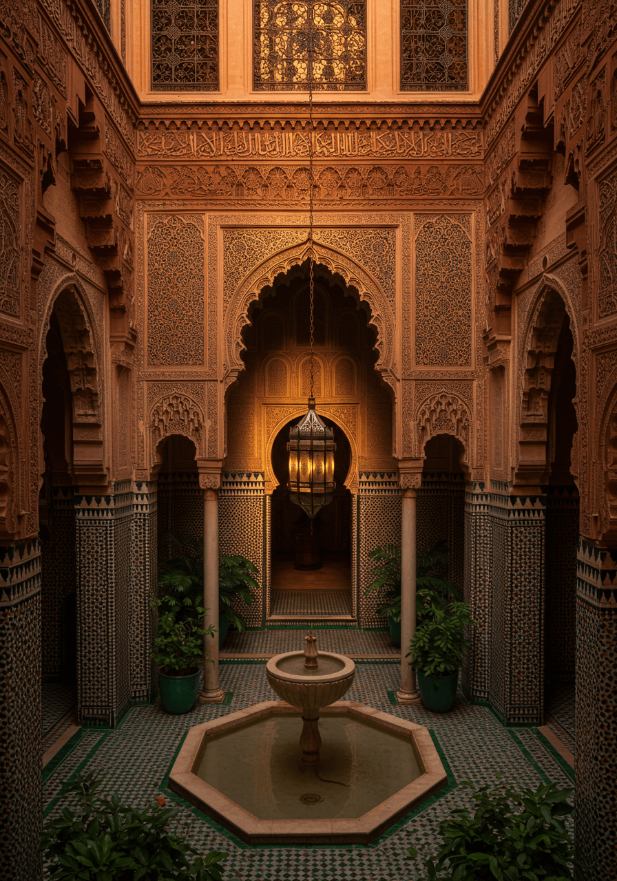 Overhead view of terracotta riad courtyard with central fountain and Moorish pointed arch doorways