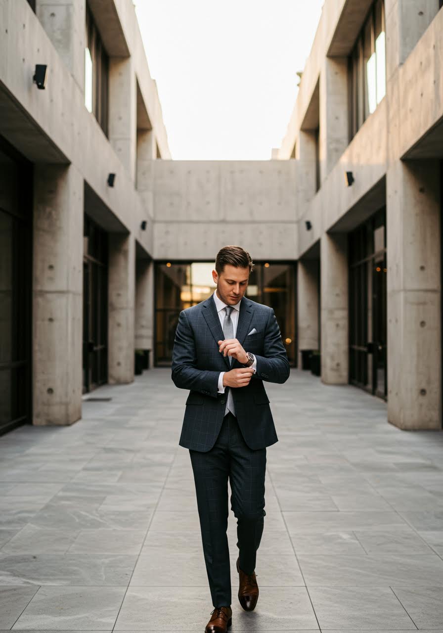 Groom in charcoal grey suit with subtle windowpane checks adjusting cufflinks in modern urban courtyard with concrete and glass