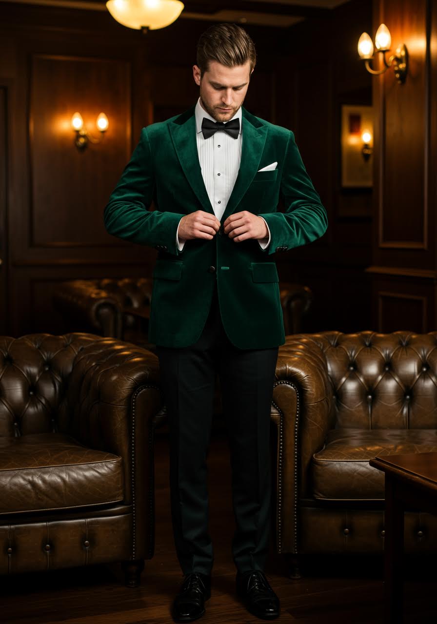 Groom in forest green velvet dinner jacket fastening button beside vintage leather armchair in upscale gentleman's club