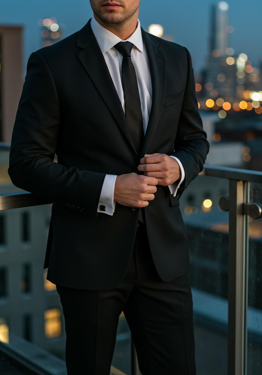 Modern groom in slim-fit black tuxedo with contemporary tailoring against glass railing on rooftop terrace at twilight with city skyline
